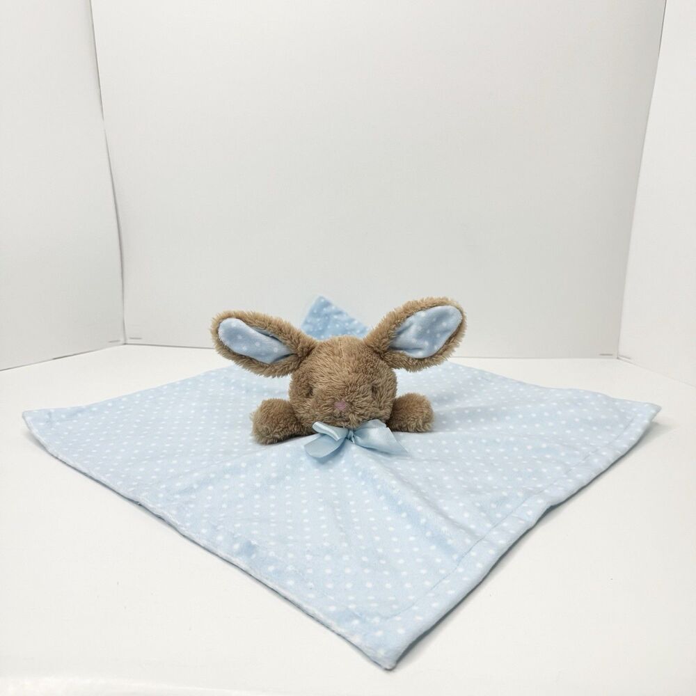 MTY International Tan Bunny Rabbit Rattle Security Blanket Blue White Polka Dot